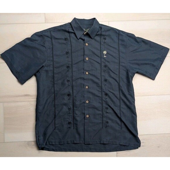 Vintage Bamboo Cay Palm Tree Embroidered Panel Black Hawaiian Shirt Mens M Modal - Picture 1 of 9